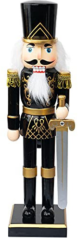 FUNPENY 14 Christmas Decorative Nutcracker Figures, Wooden Black Soldier in Black Uniform Hold Sword, Festive Collectible Nutcracker Gift for Indoor Winter Table Desktop Fireplace Decorations