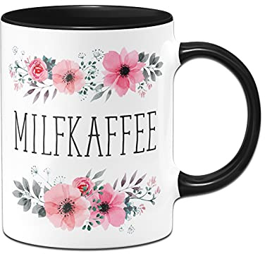 Tassenbrennerei Tasse mit Spruch Milfkaffee - Blümchen Kaffeetasse lusitg (Schwarz)