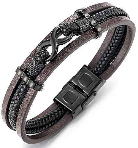 COOLSTEELANDBEYOND DREI Reihen Schwarz Infinity Liebe Unendlich Number 8 Verflochtenen Braun Schwarz Geflochtene Leder Armband Herren Damen