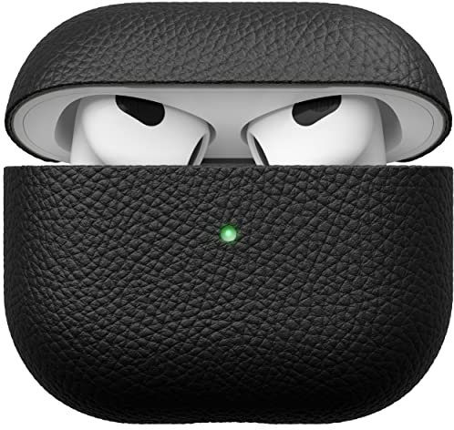 KeyBudz Artisan Leder Schutzhülle für Apple AirPods 3 Case, Etui, Ledertasche Echtleder, Kopfhörer Ohrhörer Zubehör, schwarz