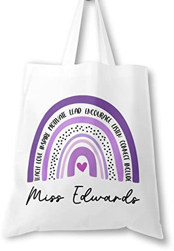 Personalised Tote Bag for Teacher with Custom Name – End of Term Thank You Gift – Teacher Bag for School or Nursery (Purple Rainbow, White)