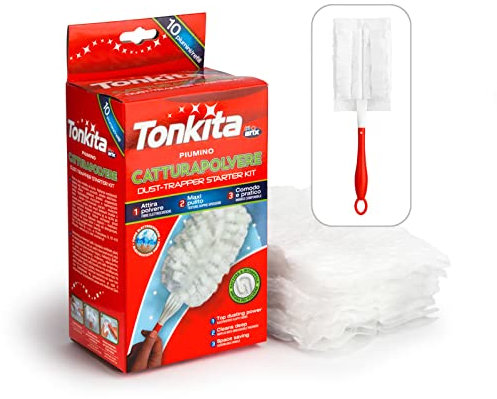 Tonkita Fluffy Duster Starter Pack | 1 Handle + 10 Refills | Trap And Lock Away Dust, Dirt And Hair Easily