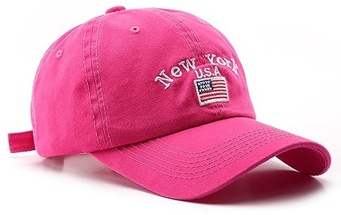 Cappello da baseball New York con bandiera americana, in cotone, traspirante, per uomo e donna, Rosso rosa, M-L