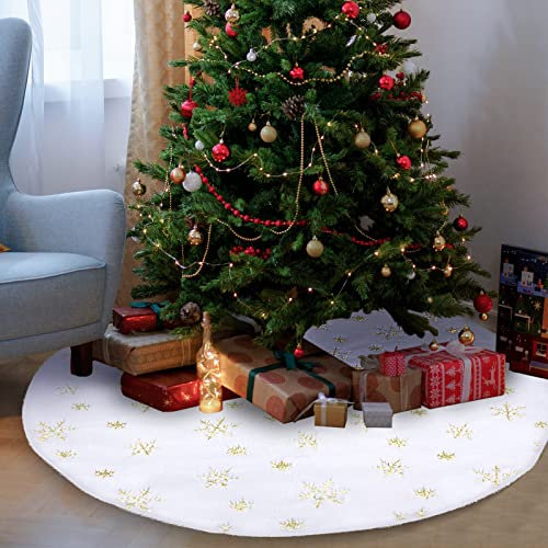 Hukermoon Jupe de Sapin de Noël, 90 CM Tapis Sapin Noël Blanc, Pieds de Sapin de Noël, Peluche Jupe Arbre de Noël, Décorations d'arbre de Noël, Couvre-Pied de Sapin Blanc pour Fêtes de Noël (Or, 90)