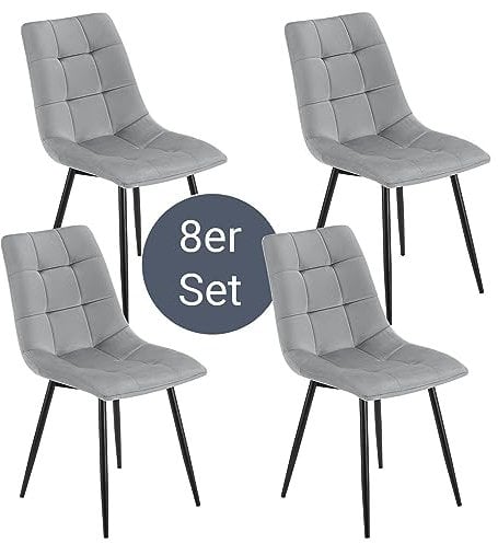 Juskys Esszimmerstühle Blanca 8er Set - Samt Stühle gepolstert - Stuhl für Esszimmer, Küche & Wohnzimmer - modern, belastbar bis 120 kg Hellgrau