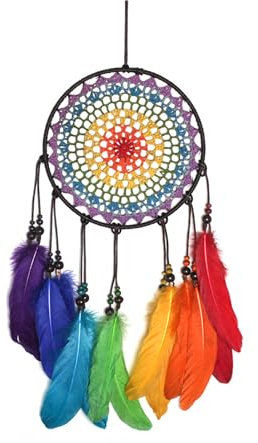 WisePoint Traumfänger, handgemachte Fee Traumfänger mit bunten Federn, Bohemian Feder Traumfänger Mond Traumfänger Hängende Wand Dekor für Wohnzimmer (Regenbogenfarbe)