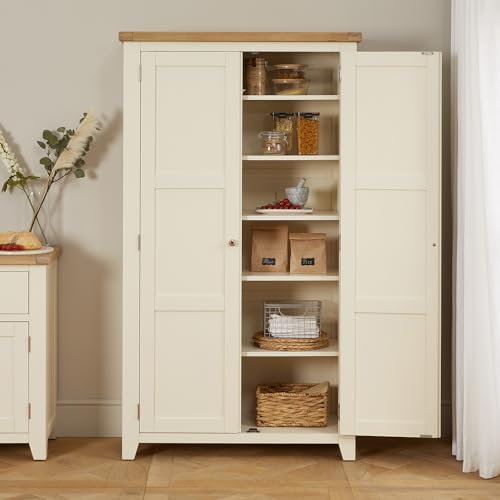 The Furniture Market Cheshire Cream Painted Double Two Door Shaker Kitchen Pantry Cupboard with Adjustable Shelves, Limed Oak Top, Living, Dining Room and Bedroom - H 1800mm x W 1020mm x D 410mm