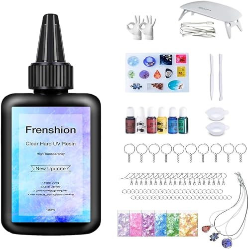 Frenshion UV Lamp+100G Upgrade UV Resin,UV Glue Ultraviolet Curing, Solar Cure Sunlight Activated Resin Adhesive Glue+ Color Pigment + Sequin +Tool +Glove UV Resin Starter Kit for Jewelry Making
