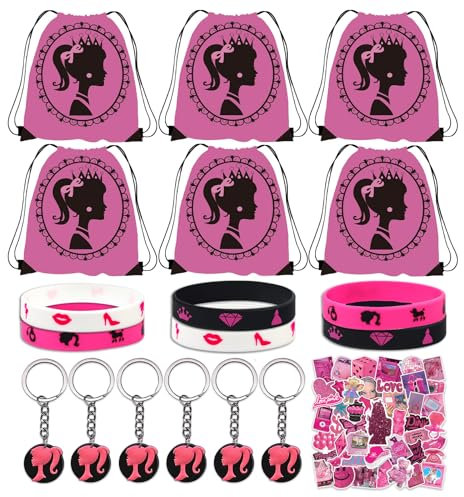 68Pcs Princess Kindergeburtstag Party Mitgebsel Set, 6 Kordelzug Party Tasche, 6 Schlüsselanhänger, 6 Silikonarmband, 50 Aufkleber für Kinder, Partytüten, für Kinder Geschenke Partyzubehör (A)