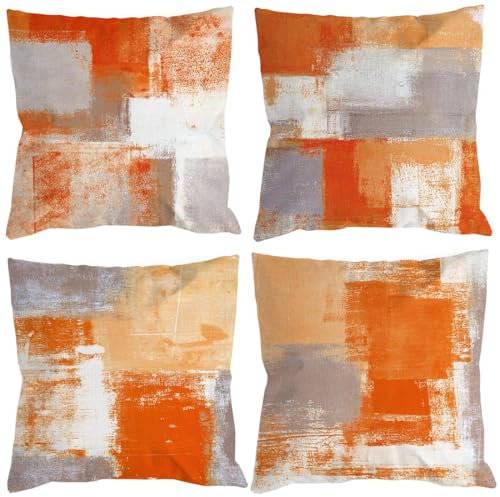 Orange Grau Kissenbezug kissenbezüge 45x45 4er Set Dekokissen Modern Sofakissen Leinen Kissenhülle Abstrakte Gemälde Deko Kissen Aesthetic Couchkissen Kuschelkissen für Sofa Wohnzimmer Zierkissen