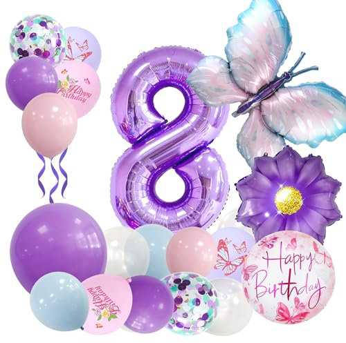 Afritee Schmetterling Geburtstagsdeko Mädchen 8 Jahre - 25 Stück Lila Luftballon Mit Großem Folienballon - Party Deko Themen Set