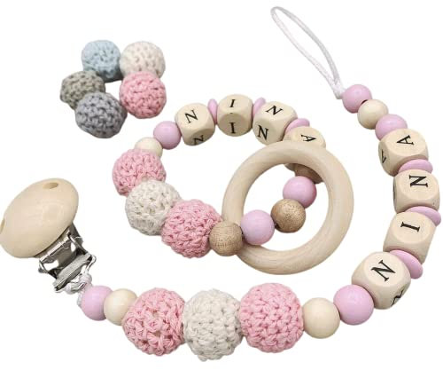 2er Set personalisierte Kette mit Namen Wunschnamen Holz Name | Handmade Babygeschenk zur Geburt für neugeborene (Rosa Beige Rosa)