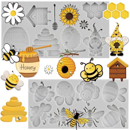 MYPRACS Set di 2 stampi 3D in silicone a forma di bombo, girasoli, miele a nido d'ape, bombi, cupcake, biscotti, decorazioni per cupcake, caramelle, cioccolato, pasta di gomma, pasta polimerica