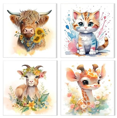NAIMOER 4Pack Animales Pintura Numerada con Marco, DIY Pintar con Numeros Animales Adultos Niños Lienzos, Cuadros por Numeros Pigmento Acrílico, Decoración Hogar y Regalo 20x20cm