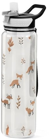 Mnsruu Gourde de sport transparente en Tritan sans BPA avec paille - Motif renard marron sur feuilles - Pour adultes, école, gym, voyage