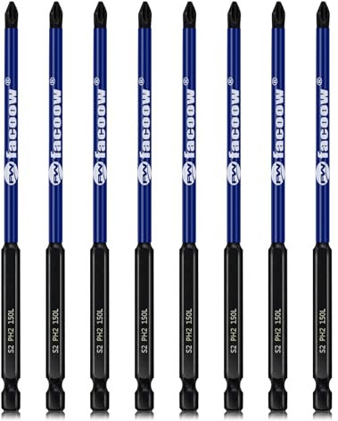 Facoow 8 Pcs Phillips Head Impact Driver Bits, #2 Phillips Head Screwdriver Bits Set, 6 S2 Alloy Steel Impact Bits, 1/4 Hex Shank Screwdriver Drill Bit, CNC Machined ph2 Impact Drill Bits