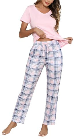 Litherday Ensemble de Pyjama Femme Coton Vêtements de Nuit à Manches Courtes + Bas de Pyjama à Carreaux Vêtement d'Intérieur Rose L