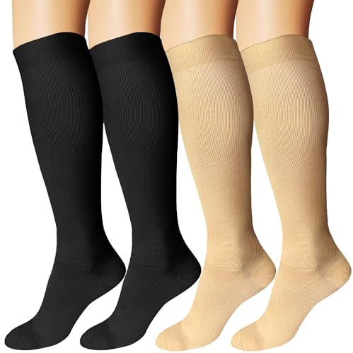 DDOBB 4 Paar Kompressionsstrümpfe Damen und Herren Stützstrümpfe Kompressionssocken Stützsocken Reisestrümpfe für Flug Sport Running Radsport(Schwarz*2+Hautfarbe*2, L-XL)