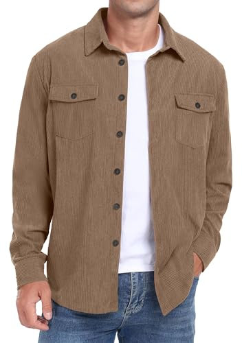 QIXING Men's Corduroy Button Down Shirts Long Sleeve Shacket Trucker Jacket Autumn Winter Coats with Flap Pockets (Light Brown, XL)