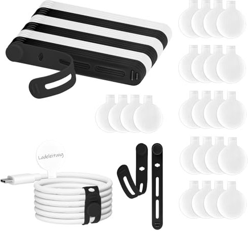 Pack of 48 Velcro Cable Ties, Resealable and Cable Labeling, 24 Silicone Cable Ties, Velcro Fastening, 24 Cable Labels, Cable Management Cable Organiser for Charging Cable, Headphones (Black + White)