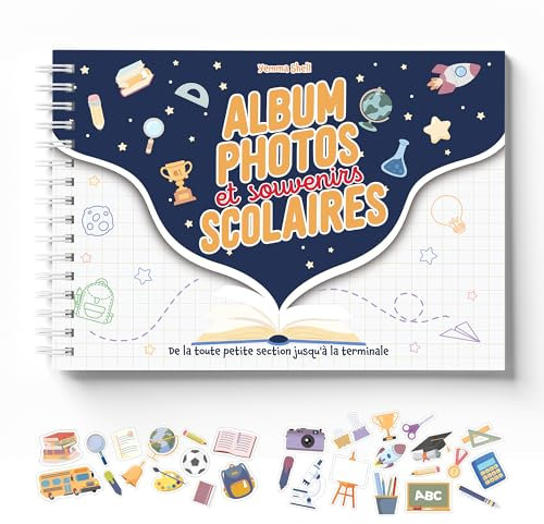 Album photo de classe et souvenirs scolaires de la maternelle au lycée (bleu) - 77 pages - Stickers Offerts