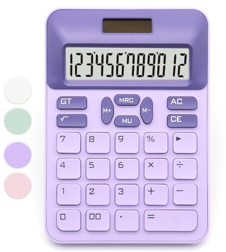 Calculatrice violette de bureau basique avec écran LCD à 12 chiffres, fournitures de bureau violettes, jolie calculatrice pour bureau, maison, école, magasin