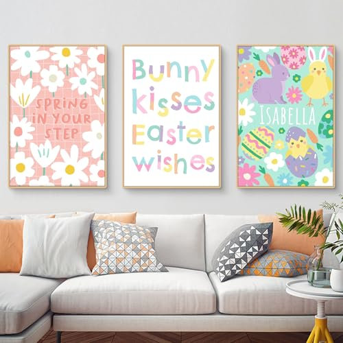 Bilder Kinderzimmer 3er Set, Ostern Poster Kinderzimmer, Wandbilder Hasen Blume Karotte Ostereier Poster & Kunstdrucke, Bilder Deko Babyzimmer Kinderzimmer Mädchen Jungen - Ohne Rahmen (30x40cm,ABC)