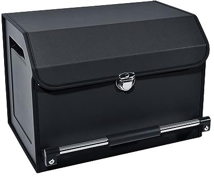 XCF Premium Leder Auto Kofferraum Organizer mit Deckel und Stabilen Griff, 37L Zusammenklappbarer Kofferraumtasche, SUV/Auto Zubehör, Langlebig Aufbewahrungsbox (Schwarz, 42.5 * 29 * 31CM)