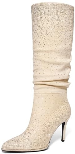 RONILURN Stivali alti al ginocchio da donna con strass scintillanti e morbidi stivali alti a punta tacco alto tacco largo con glitter a spillo per le donne, Beige, 41 EU