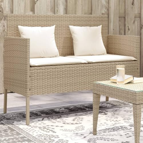 Myheimly Gartenbank mit Kissen, Sitzbank mit Staufach unter Sitzfläche, Parkbank mit abnehmbaren Bezügen, Außenbank Outdoor Bank, Poly Rattan,Beige und Creme