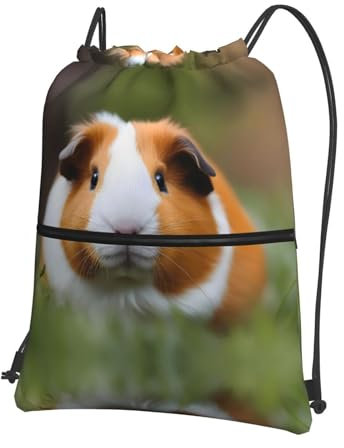LLKGOT Rucksack mit Meerschweinchen-Druck, Kordelzug, Reißverschluss, stark und leicht, für Wandern, Camping, Schwarz, Einheitsgröße