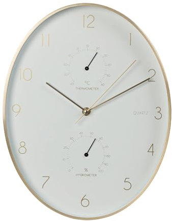 Well Home Wanduhr aus Aluminium mit Goldrand, Thermometer und Hygrometer, 34,5 x 27,1 cm