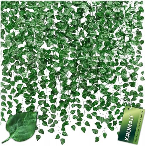 KRUMAD Fake Efeu Künstlich Girlande 12 Stück Set, 27,5 m Künstliche Pflanzen wie Echt, Kunstpflanze, Efeu Girlande für Balkon, Garten, Wanddeko, Deko Wohnzimmer (Efeutute Dunkelgrün)