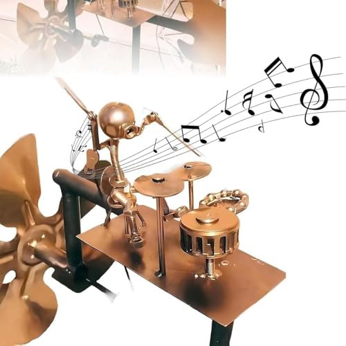 Handmade Metal Drummer Windmill, Musical Garden Art Sculpture with Rock Theme, Outdoor Wind Spinner for Yard, Patio Decor, Percussionist Metal Statue, Lawn Ornament (Gold)