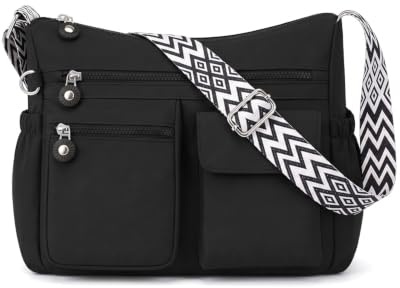 Generisch Umhängetasche Damen Mittelgroß, Nylon Crossbody Bag Stylische Schultertasche Frauen Wasserdicht Handtasche Bauchtasche Damen Umhängetasche mit Breitem Gurt und Vielen Fächern (Schwarz)