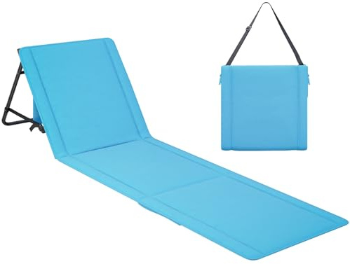 UDPATIO Strandmatte mit Rückenlehne 195 cm, Strandstuhl, Verstellbare Strandliege Klappbar Leicht, Faltbare Sonnenliege für Strand, 150kg Belastbar, Sonnenmatte Gepolstert mit Tasche, Blau