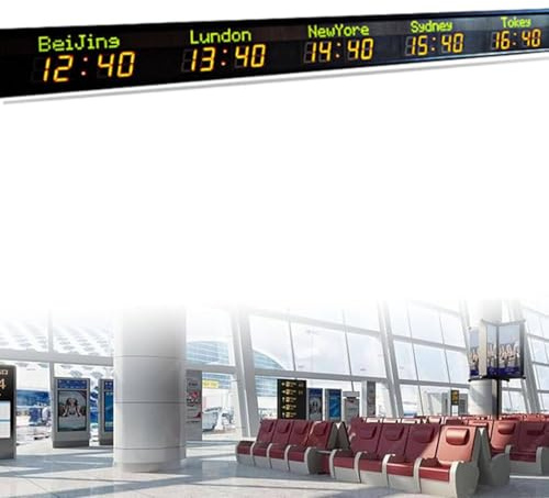 ZenSeFarin Weltuhr mit Mehreren Zeitzonen Weltuhren für die Wand mit Mehreren Zeitzonen, 3/4/5/6 Städte, LED-Digital-Weltzeit-Wanduhr, 5 Helligkeitsstufen, für Hotels/Unternehmen/Flughäfen,5City