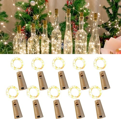 YUYWWAN 10 Stück Flaschenlichterkette Korken 2M 20LED Korken Lichterkette für Flaschen Flaschenlichter für Flasche DIY, Weihnachten, Hochzeit (Warmweiß)