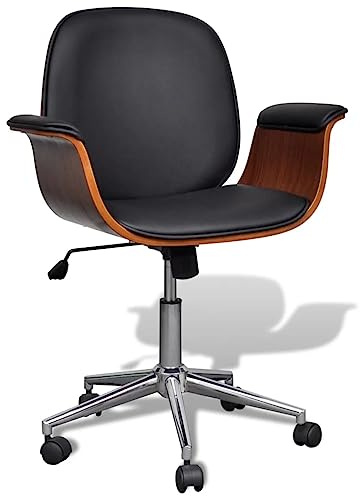 Fangmaliuyun Drehbarer Bürostuhl Holz/Leder Schwarz/Braun 69,5×61×80-88 cm höhenverstellbar Rollen Winkelverstellbare Rückenlehne