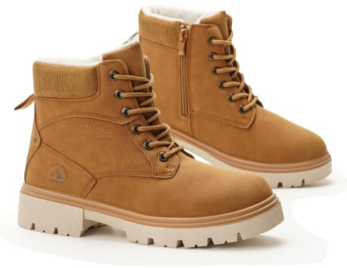GLAMORA Botas de Invierno para Mujer, Botines Forrados con Plataforma, Estilo Montaña, Resistentes al Agua, Suela de Goma Antideslizante, Cremallera Lateral y Cordones