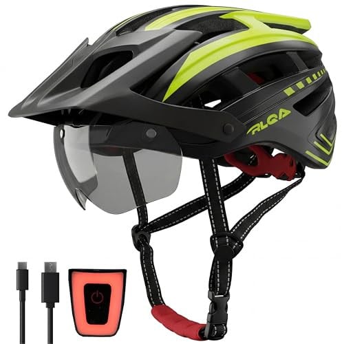 RLQA Casco Bici Uomo Donna con Luce LED Posteriore a 5 Modalità e Visiera Magnetica, Casco MTB e Bici da Strada, 24 Prese d'Aria, Leggero e Regolabile (L, 58-61 cm), Nero e Giallo