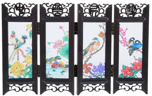 FUNOMOCYA Mini Paravent Décoratif Chinois en Matériau Stable, Mini-écran Pliant Antique Motif Oiseaux et Fleurs, Décoration Bureau pour Maison de Poupée, Ornement D'écran Traditionnel