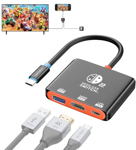 Switch 2 Dock Ersatz, 4K@60Hz HDR, 100W PD, USB-A 10Gbps für Peripherie, Tragbares Dock für Reisen und Gaming, Alu-Kühlsystem Perfekt für Steam Deck, Switch OLED/2/1, Unterstützt die neueste Firmware