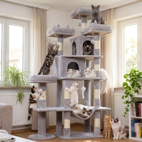 LIKISAK Cat Tree, 181 cm Large Cat Tower with 3 Top Perches for Indoor Cats | Multi-Level Cat Tree Tower for Big Cats with 9 Sisal Scratching Posts, 2 Cozy Condos, Cozy Hammock, Grey PMT03GY