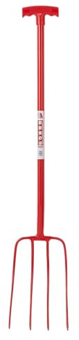 Faulks Four Prong T Handle Manure Fork: Red