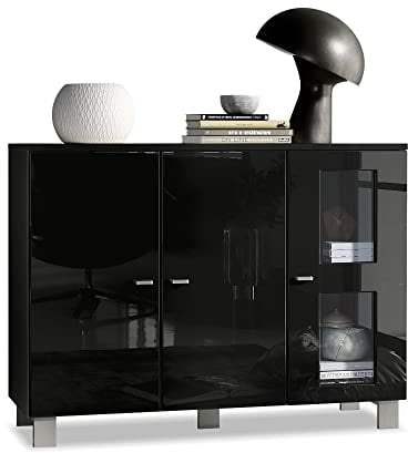 Vladon Sideboard Denjo, Made in Germany, Kommode mit 3 Türen, Schwarz matt/Schwarz Hochglanz (107 x 81 x 35 cm)