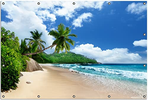 Wallario Outdoor-Poster für Garten oder Balkon Urlaub auf den Seychellen unter Palmen am Sandstrand, Motivbanner Größe: ca. 120 x 180 cm, Outdoor-Bild