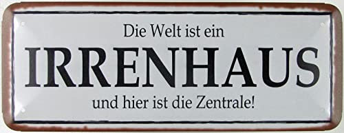 Blechschild 27x10cm gewölbt Die Welt ist ein Irrenhaus Sprüche Deko Geschenk Schild
