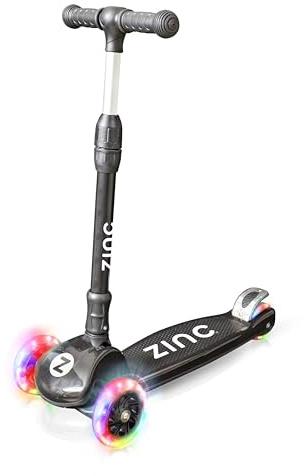 Zinc T-Motion Kids Scooter for Ages 3+ – Three Wheeled Folding Boys & Girls Scooter with LED Light Up Wheels, Adjustable Handlebar, Lean & Steer Controls, Rear Brake, Black