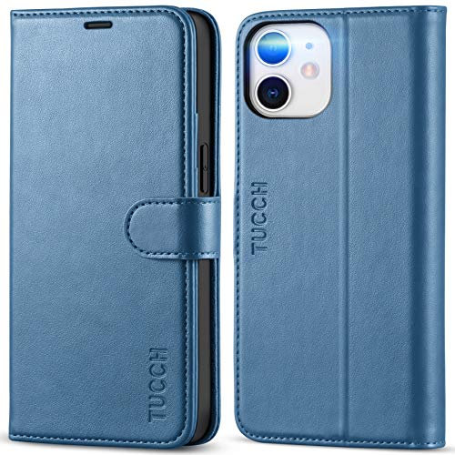 TUCCH Wallet Case for iPhone 12 Mini (5.4), Protective Magnetic PU Leather Folding Case with[RFID Blocking]Card Slots[Shockproof TPU]Folio Flip Stand Cover Compatible with iPhone 12 Mini, Lake Blue